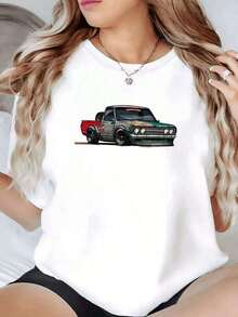 Camiseta Casual de 1 Pieza con Estampado de Coche Retro, Camisetas de Manga Corta con Estampado Gráfico de Vehículo Motorizado, 100% Algodón, Camiseta con Estampado Digital, Estilo Urbano Casual, Camisetas de Algodón de Verano para Mujer - Blanco - Ver 7