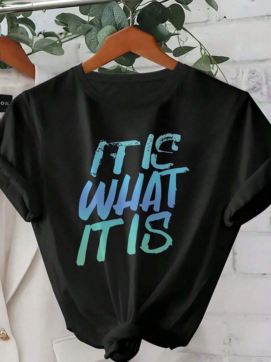 Casual, Women's Casual One-Piece T-Shirt With Round Neck, "It Is What It Is" Letter Print, Short Sleeve, Spring/Summer Style, Pure Cotton, Women's Summer T-Shirts, Round Neck, Soft, Fitted, Casual, Short Sleeve For Women. - 黑色 - 查看 1