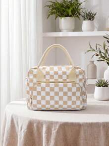 Insulated Lunch Bag For Women Men Waterproof Thermal Insulated Lunch Box Bento Pouch Dinner Insulation Bag Student Thickened – Cute Floral, Bow & Strawberry Print, Corduroy Lunch Tote With Handle & Zipper, Large Capacity Cooler Bag For Work, School, Picnic, Camping, Perfect Christmas Gift For Family, Friends, Teachers & Moms - 卡其色格子 - 查看 3