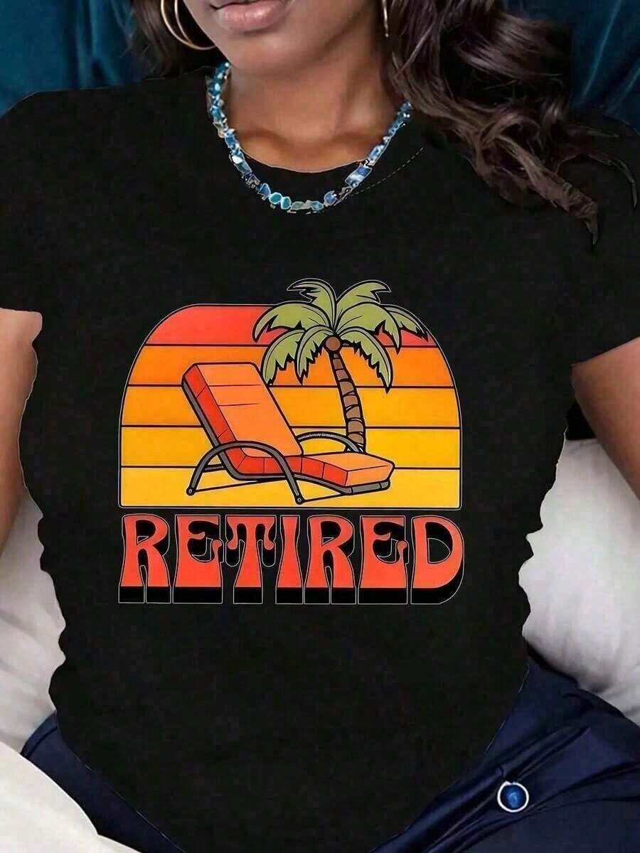 Camiseta de manga corta para mujer con cuello redondo, estampado gráfico vintage de palmeras al atardecer y silla de descanso, estilo casual para verano y playa, tela cómoda, regalo perfecto - Unisex, adecuada para salidas diarias informales, camiseta de verano de manga corta, camiseta retro con estampado Y2K, camiseta de verano de manga corta, top de estilo vintage para mujer, perfecta para festivales y eventos deportivos. Sencillo y casual, excelente relación calidad-precio. Blusas Para Mujer Casual - Negro - Ver 1