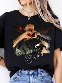 ropa de mujer Camiseta cómoda con estampado de corazones, Camiseta para el festival de música Bieberchella 2026 Coachella, Camiseta de regalo para fans de la música pop vintage camisas de mujer - Negro - Ver 6