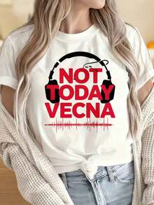 Camisetas para Mujeres y Hombres con Cuello Redondo y Mangas Cortas, Camiseta Not Today Vecna con Diseño de Auriculares y Patrón de Ondas Musicales, Camiseta de Algodón Negra para Mujeres y Hombres, Moda Unisex, Top Casual. Estampados Divertidos Son Adecuados para Fiestas de Navidad, Actividades Deportivas, Fiestas de Vacaciones, Salidas, Deportes y Otros Regalos Festivos. - Blanco - Ver 4