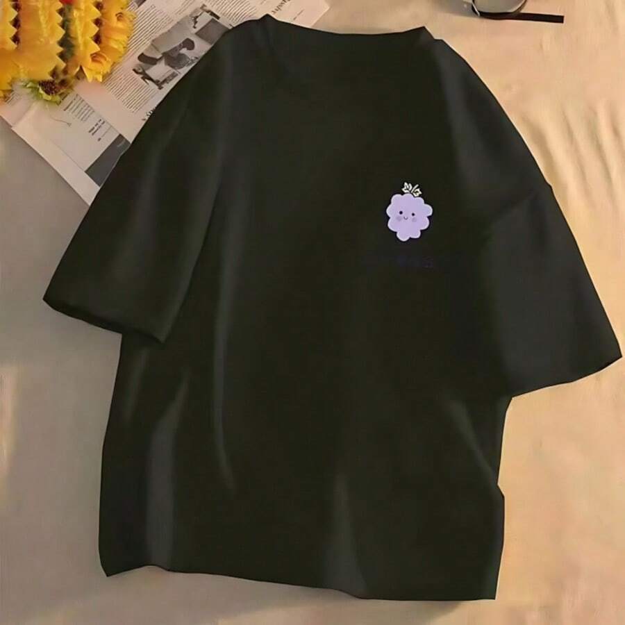 Camiseta unisex de manga corta con estampado de uvas, estilo veraniego. - Negro - Ver 1