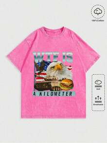 "ES UNA MILLA" Camiseta de manga corta con estampado de águila y bandera, estilo vintage lavado, cuello redondo, corte holgado, de algodón puro, para verano. - Rosa - Ver 7