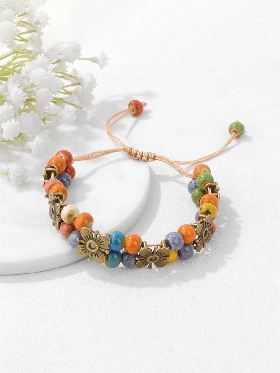 1件波西米亚风抽绳编织手链,四孔花朵双层陶瓷饰品 - 同款 - 查看 1