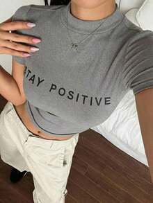 Camiseta de mujer de manga corta y cuello redondo, informal, con estampado de letras para el verano, camisetas gráficas - Gris 6 - Ver 4