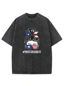 1 Pieza, 230g, Camiseta Estampada para Mujer que Expresa Amor por la Vida Puertorriqueña, Camiseta de Algodón Estampada con Cera de Alta Calidad, Estilo Retro, Adecuada para Verano, con un Cierta Gruesura, Regalo para Vacaciones - Negro - Ver 6