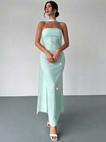 Vestido elegante sin tirantes con lentejuelas y cintas fluidas, adecuado para vacaciones, fiestas, ocasiones formales, temporada de regreso a clases, festivales de música, temporada de graduación, todo el año - Verde - Ver 5