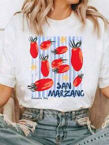 Camiseta Casual NUEVA de Algodón para Mujer, Estilo Vintage con Estampado de Tomate y Chica Italiana, Camiseta de Verano Cómoda para Mujer, Camiseta Casual de Verano con Estampado, Cuello Redondo y Manga Corta para Mujer |     Pascua y Día de San Patricio, Día de la Independencia, Moda - Blanco - Ver 1