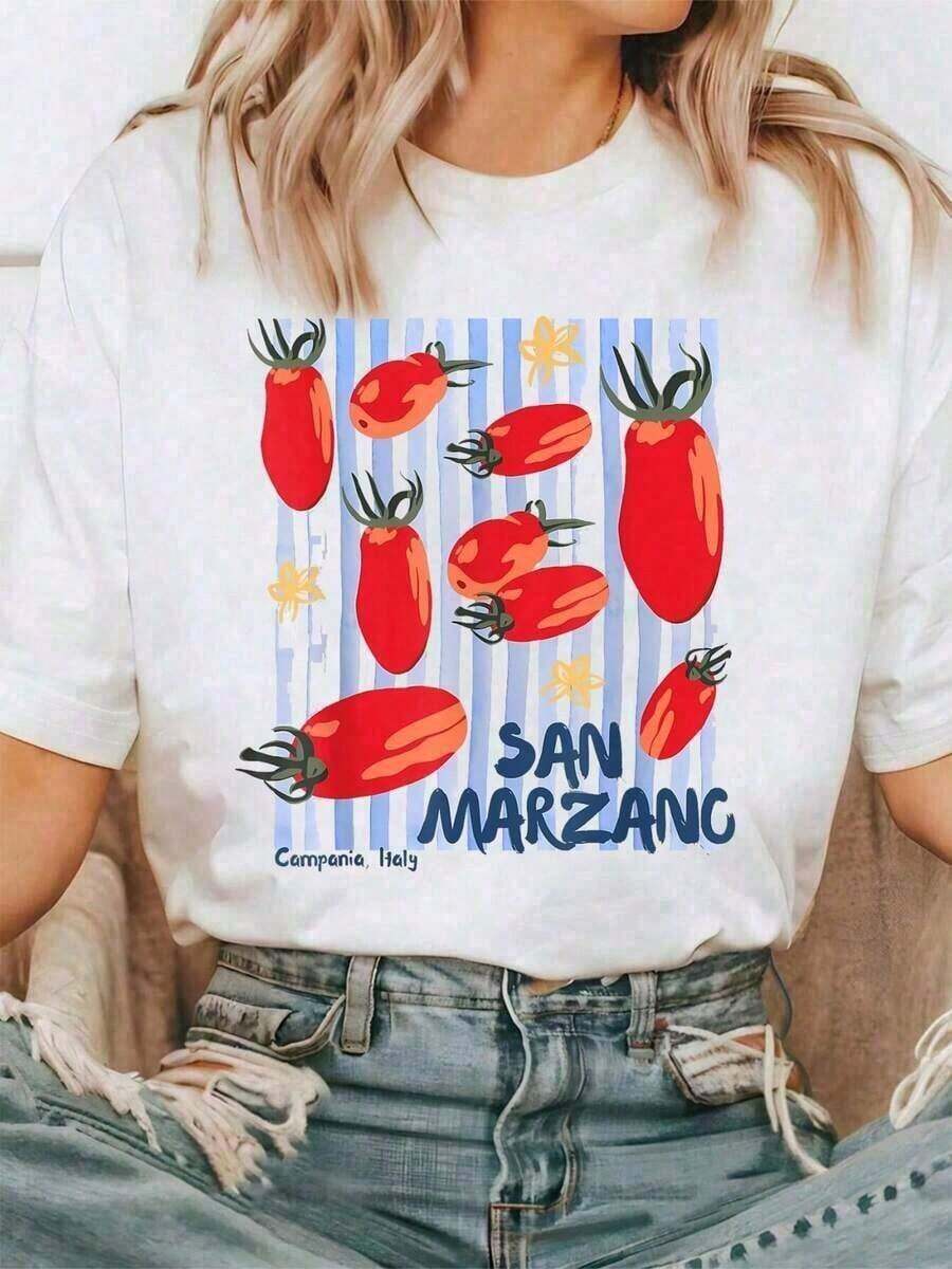 Camiseta Casual NUEVA de Algodón para Mujer, Estilo Vintage con Estampado de Tomate y Chica Italiana, Camiseta de Verano Cómoda para Mujer, Camiseta Casual de Verano con Estampado, Cuello Redondo y Manga Corta para Mujer | Pascua y Día de San Patricio, Día de la Independencia, Moda - Blanco - Ver 1