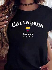 Camiseta Gráfica de Manga Corta, Camiseta de Mujer con Bandera de Corazón de Cartagena, Colombia, Top Casual de Verano, Regalo de Recuerdo de Viaje para Ella, 220g, Vintage - Negro - Ver 3