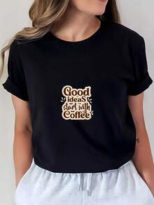 Camiseta suave de 180 g, las buenas ideas comienzan con el café, camiseta con estampado inspirador - Regalo perfecto para familiares, amigos y actividades de-building, camiseta casual ligera y cómoda para mujer para vacaciones de verano - Camiseta unisex de algodón holgada de manga corta y cuello redondo estilo vintage urbano. - Negro - Ver 1
