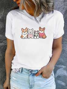 Women's Printed Short-Sleeved T-Shirt With Round Neck, Modern And Casual, Machine Washable, Comfortable Fit, 2D Flat Print, Casual 2D Blouses For Women. - 白色_07 - 查看 7