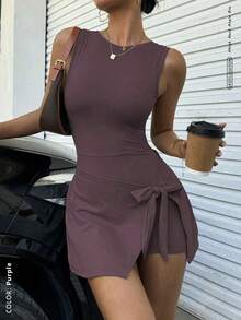 Falda deportiva 2 en 1 antidestellos, elegante y casual para golf y tenis, de estilo básico sin mangas, de nueva moda, con cinturón de cintura alta, estilizadora, sexy y ajustada, de estilo universitario, sin espalda, para deportes, fitness y yoga - Morado - Ver 8