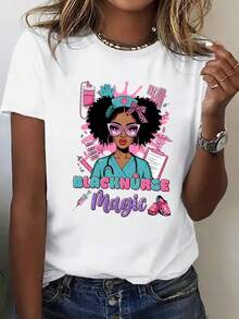 Women's Nurse Print T-Shirt - Themed Design With Stethoscope And Syringe Prints, Loose-Fitting Short-Sleeved T-Shirt, Comfortable And With A Round Neck, Suitable For Nursing And Medical Professionals, Can Be Worn All Year Round - Unisex Vintage Urban Style T-Shirt, Cotton, Short Sleeve And Round Neck. - 白色 - 查看 2