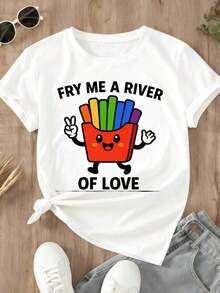 Cute T-Shirt With Rainbow French Fries And "Fry Me A River Of Love" Print For Casual And Sporty Outfits - Unisex Vintage Urban Style, Loose Cotton Short Sleeve Crew Neck T-Shirt, 100% Cotton - 白色 - 查看 3