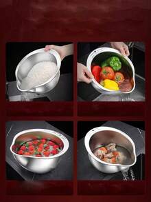 1pc Stainless Steel Slanted Drain Basket, Kitchen Rice Washing Strainer, Vegetable Colander - One Size - View 3