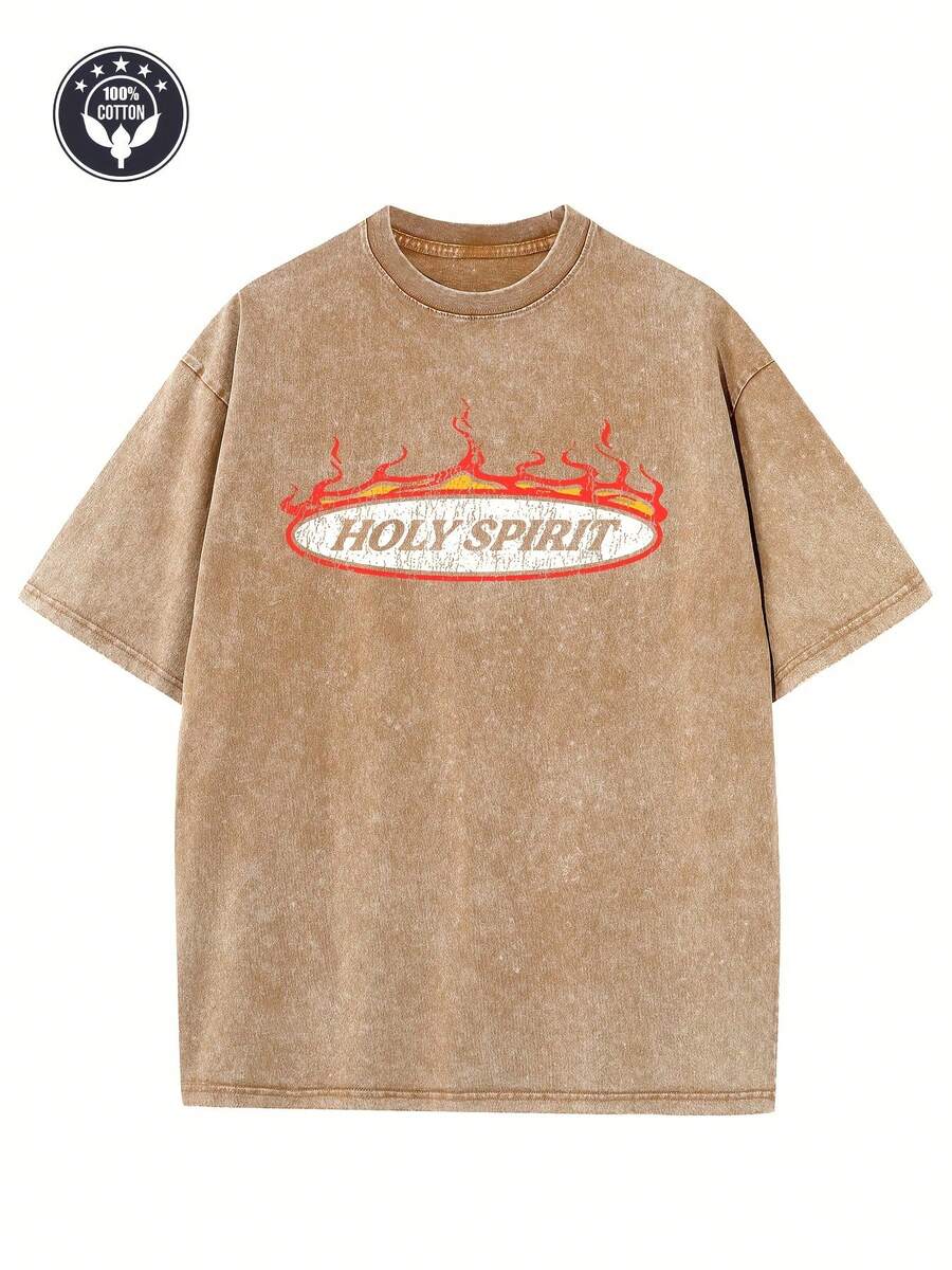 Vintage T-Shirt With Creative "Holy Spirit" Print For Men And Women, 250g Pure Cotton, Washed T-Shirt, Drop Shoulder T-Shirt, Vintage Urban T-Shirt For Men, Basic T-Shirt, Loose Fit Unisex Hip-Hop Style T-Shirt, Vintage Washed T-Shirt. - 咖啡色 - 查看 1