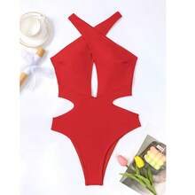 Traje de baño de una pieza para mujer con estilo retro, diseño sexy con aberturas, escote en V profundo, espalda descubierta, ajustado al cuerpo. - El color rojo hace que tu piel se vea más brillante. - Ver 5