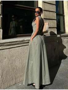Vestido Mujer Primavera Verano Cuello Redondo Liso Sin Mangas con Cremallera Estilo Casual Oficina Elegante Estilo Europeo Disponible - Verde - Ver 6