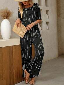 Clasi Conjunto de 2 piezas con estampado total y cuello en V holgado para mujer - Negro - Ver 5