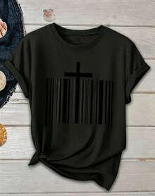 Nuevo modelo : Camiseta casual de manga corta para 3 piezas/set de camisetas de manga suitable for streetwear, Top oversized cuello redondo daily outings, camping, concerts, hip-hop, rock, and rap events mujer de una pieza. "Mi hogar servirá al Señor. Dios me ama, y eso es suficiente." Camiseta con estampado de diseño de código de barras cruzado, camiseta de manga corta con cuello redondo para mujer, top deportivo casual transpirable de algodón puro, regalo para las fiestas. - Negro - Ver 2
