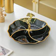 1pc Elegant Gold Rim 4-Compartment Dessert Plate, PS Plastic Divided Fruit Tray With Ginkgo Leaf Handle, Home Gathering Candy & Nut Serving Dish - Multicolor - View 11