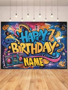 Customizable Name And Birthday Backdrop - Colorful Graffiti-Style "Happy Birthday" Banner Backdrop, Neon Retro, No Electricity Required. Perfect For Parties, Home Decor, And Celebrations. Hip-Hop Themed Design. Vinyl Photo Prop For Festive Gatherings. - Type C - View 2
