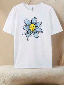1 pieza de camiseta de mujer de manga corta con estampado gráfico de flor azul con cara y sonrisa, 180g, 100% algodón. - Blanco - Ver 1