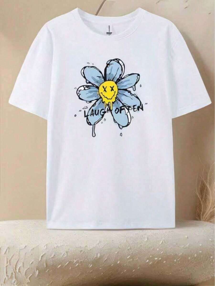 1 pieza de camiseta de mujer de manga corta con estampado gráfico de flor azul con cara y sonrisa, 180g, 100% algodón. - Blanco - Ver 1