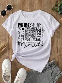 1 pieza de camiseta linda para mujer, talla grande, con estampado "Mimi" - Mezcla suave, diseño divertido de estrellas y corazones, camiseta casual de cuello redondo en color rosa para primavera y verano. |     Tela elástica, suelta y cómoda, tops coloridos estilo y2k, 180g, 100% algodón. - Negro - Ver 11
