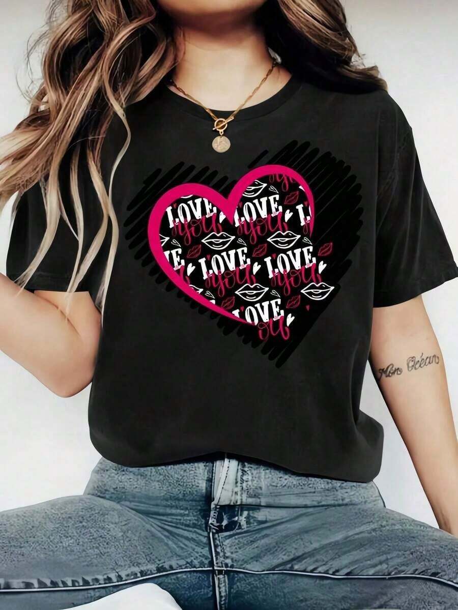 Trendy1 Paquete Camiseta Con Cuello Redondo Para Mujer, Estampado Del Día De San Valentín, , De Punto De Poliéster, Ligera Y Transpirable, Para Todas Las Estaciones Round Neck Printed Short Sleeve Casual Everyday T-Shirt, They Are Excellent Gifts For Friends And Family,100% Cotton T-Shirts Feature, A Youthful And Fashionable DesignEveryday Wear - Negro - Ver 1