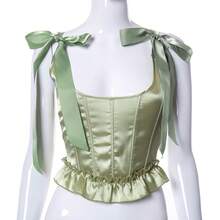 Blusa nueva llegada con corsé óseo, tirantes de lazo y borde ondulado elegante - Verde - Ver 8