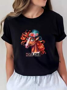 Camiseta de caballo - Camiseta casual única, adecuada para salidas familiares, con un divertido diseño de dibujos animados, un regalo perfecto para amantes de los caballos, una camiseta de manga corta a la moda para cumpleaños y días festivos, adecuada para mujeres. Camiseta de manga corta cómoda y versátil. - Negro - Ver 7