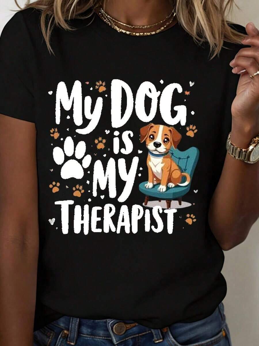1 White Round Neck T-Shirt With "My Dog Is My Therapist" Design And Dog Paw Print, Ideal For Casual Wear And For Pet Lovers, 180g 100% Cotton. - 黑色 - 查看 1