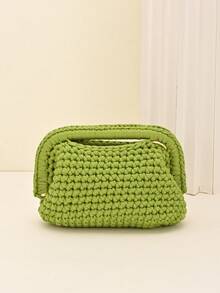 Cute Cloud Light Blue Chunky Knit Women's Handbag - Handmade Woven Gold Chain Handbag, Soft Cloud Texture Tote Bag, Daily, Beach, Travel, Brunch, Bohemian Style Women's Shoulder Bag - Green - View 3