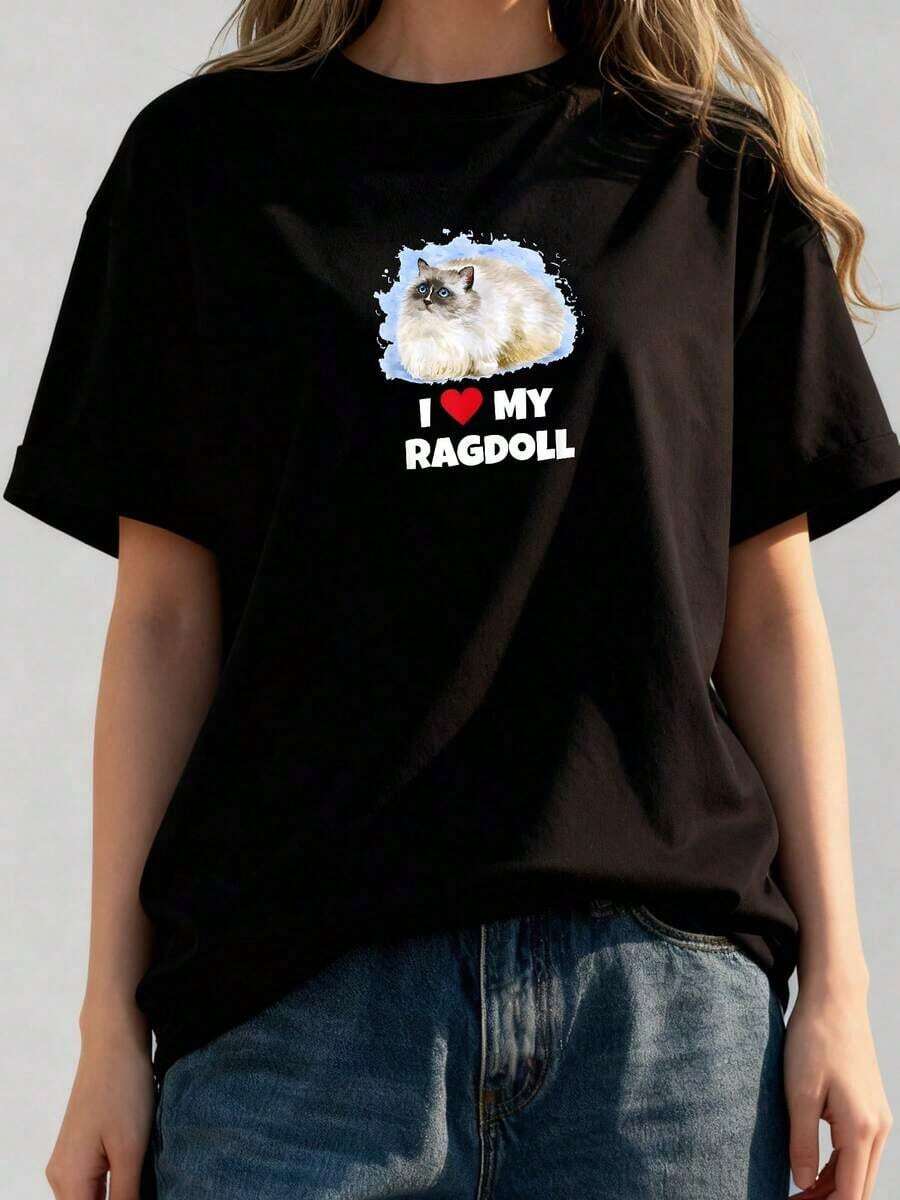 Camiseta Casual "I-Love-My-Ragdoll-Cat" para Mujeres, Niñas y Niños - Moda - Negro - Ver 1
