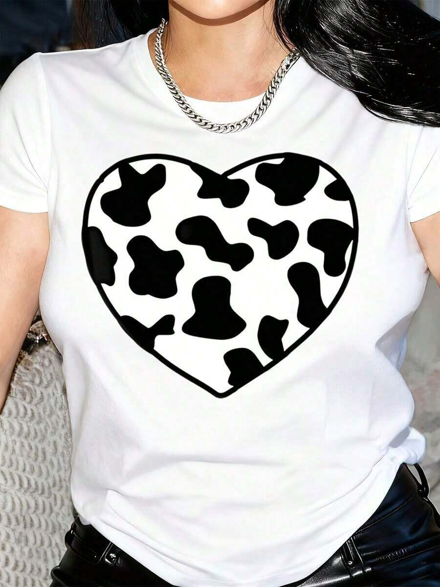 Women's T-Shirt With Cow Print And Heart Design In Black And White - 白色 - 查看 1