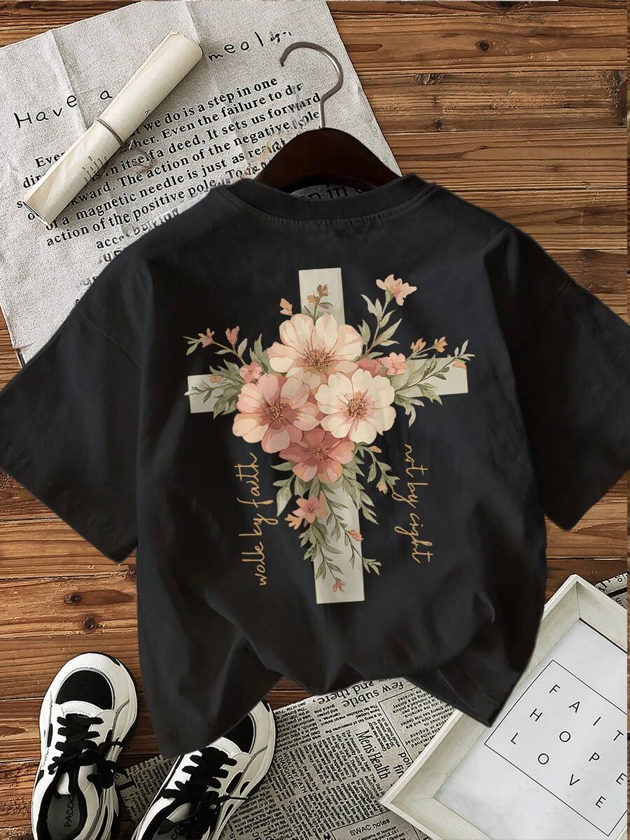 Camiseta de mujer con estampado de cruz y flores - "Anda por la fe, no por la vista" Dise￱o, suave, cuello redondo casual para atuendo casual, ropa casual | Camiseta con estampado floral | Ajuste c￳modo