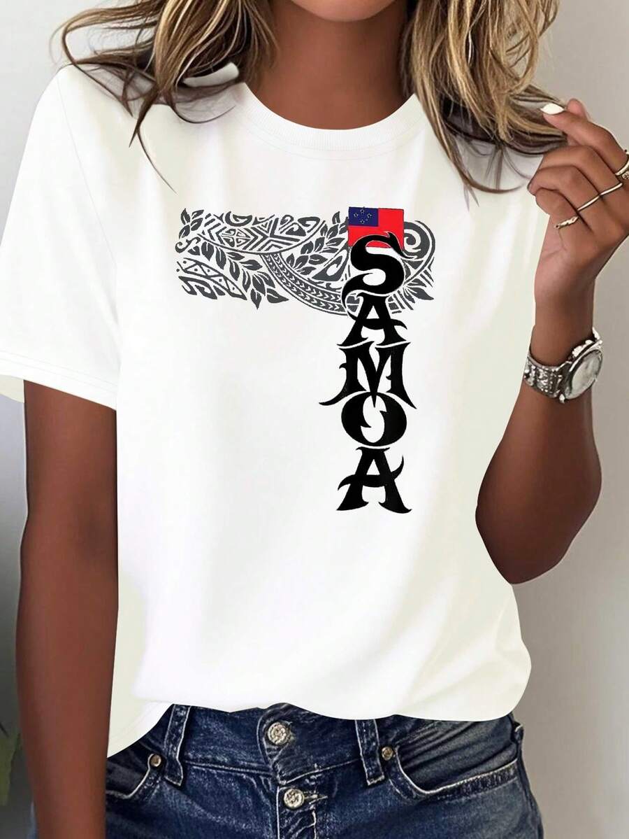Camiseta estampada de algodón puro estilo americano para mujer, blusa casual de manga corta cómoda y versátil para mujer. - Blanco - Ver 1