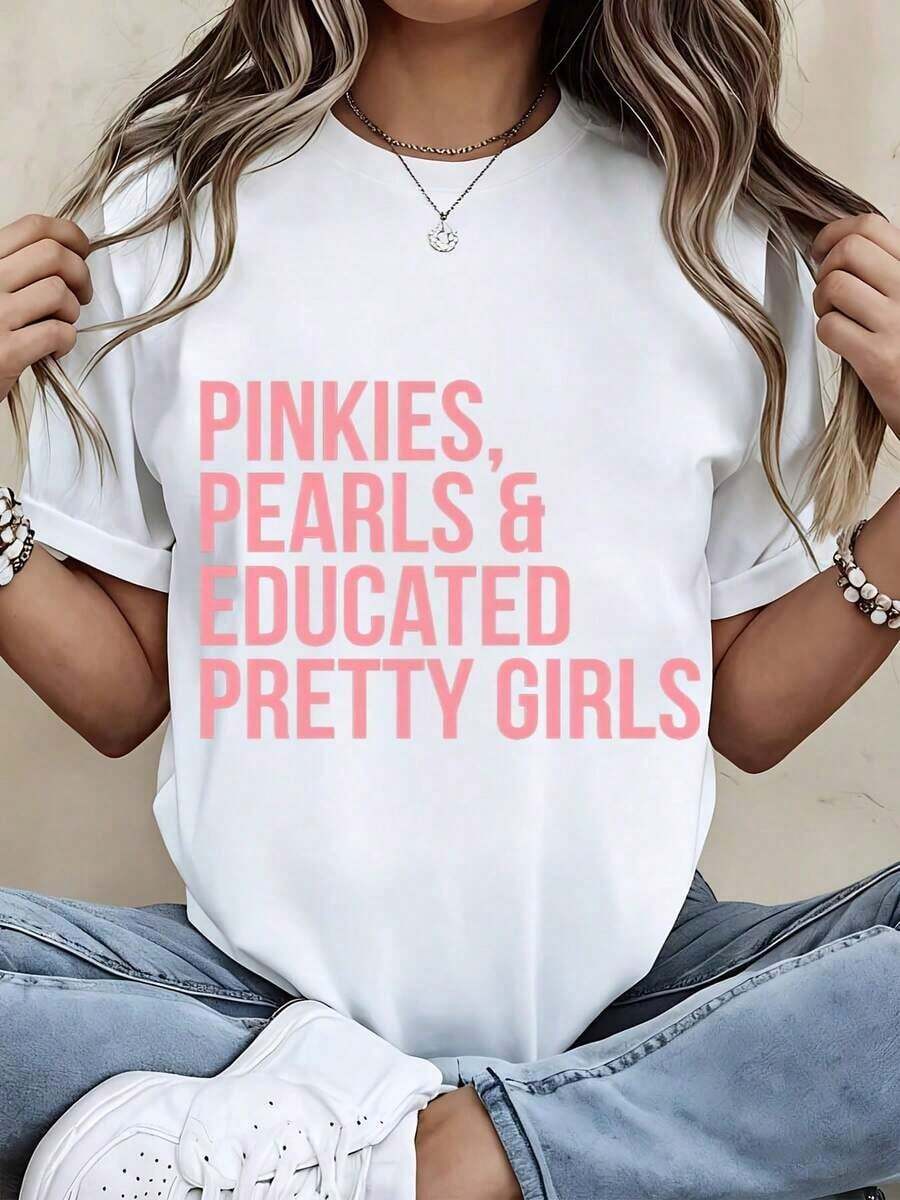 Camiseta de cuello redondo blanca, casual, de corte holgado, con estampado de Pinkies Pearls y chicas bonitas y educadas, top de moda para mujer, playeras de mujer. - Blanco - Ver 1