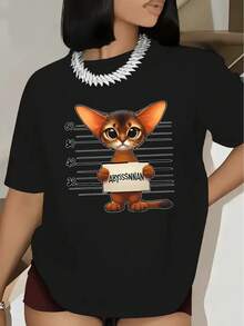 Camiseta negra de manga corta para mujer, con diseño de gato abisinio, ligera y duradera, perfecta para el ocio en casa o salidas a cenar, camiseta divertida y moderna con estampado - Camiseta unisex de algodón holgada de manga corta y cuello redondo estilo vintage urbano. - Negro - Ver 1
