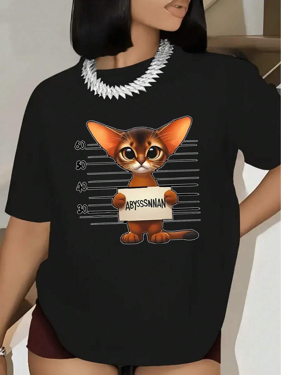 Camiseta negra de manga corta para mujer, con diseño de gato abisinio, ligera y duradera, perfecta para el ocio en casa o salidas a cenar, camiseta divertida y moderna con estampado - Camiseta unisex de algodón holgada de manga corta y cuello redondo estilo vintage urbano. - Negro - Ver 1