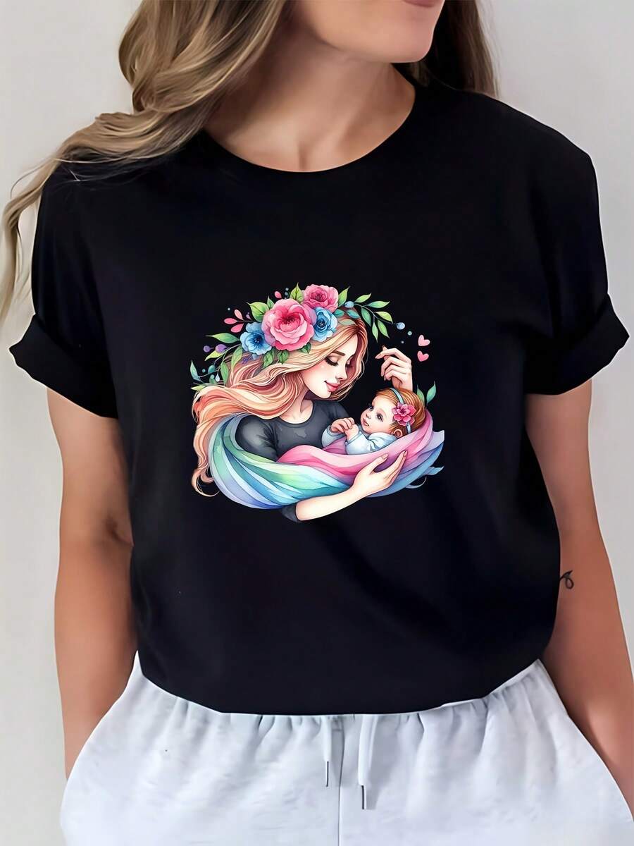 Playeras de Mujer de Algodón Oversize Moda 2026 180g con Estampado 'Mom' - Regalo perfecto para el Día de la Madre, salidas familiares y eventos de empresa - Camiseta de mujer suave y elegante, cómoda, sencilla para uso diario, de manga corta. - Negro - Ver 1