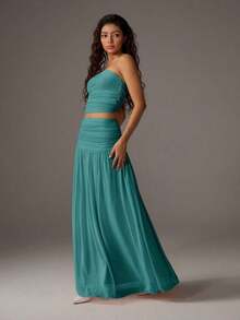 Unity Conjunto de 2 piezas de top corto de bustier de malla de unicolor y falda larga para mujer - Azul cadete - Ver 6