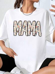 Camiseta Oversize con Estampado Floral 'Mama' para Mujer, Corte Holgado Casual, Manga Corta y Cuello Redondo - Blanco - Ver 7
