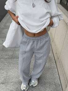 Sulojter Casual Loose Solid Color Elastic Waist Sweatpants - Grey - View 6