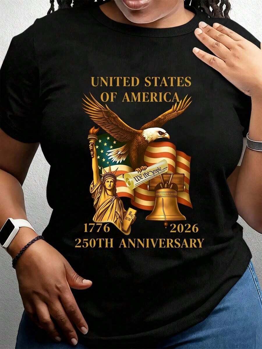 Camiseta de Mujer Estados Unidos de América 1776 2026 250º Aniversario Águila Estatua de la Libertad Campana de la Libertad Bandera Americana Celebración del Día de la Independencia Diseño Patriótico Para Días Festivos y Eventos Nacionales playeras de mujer - Negro - Ver 1