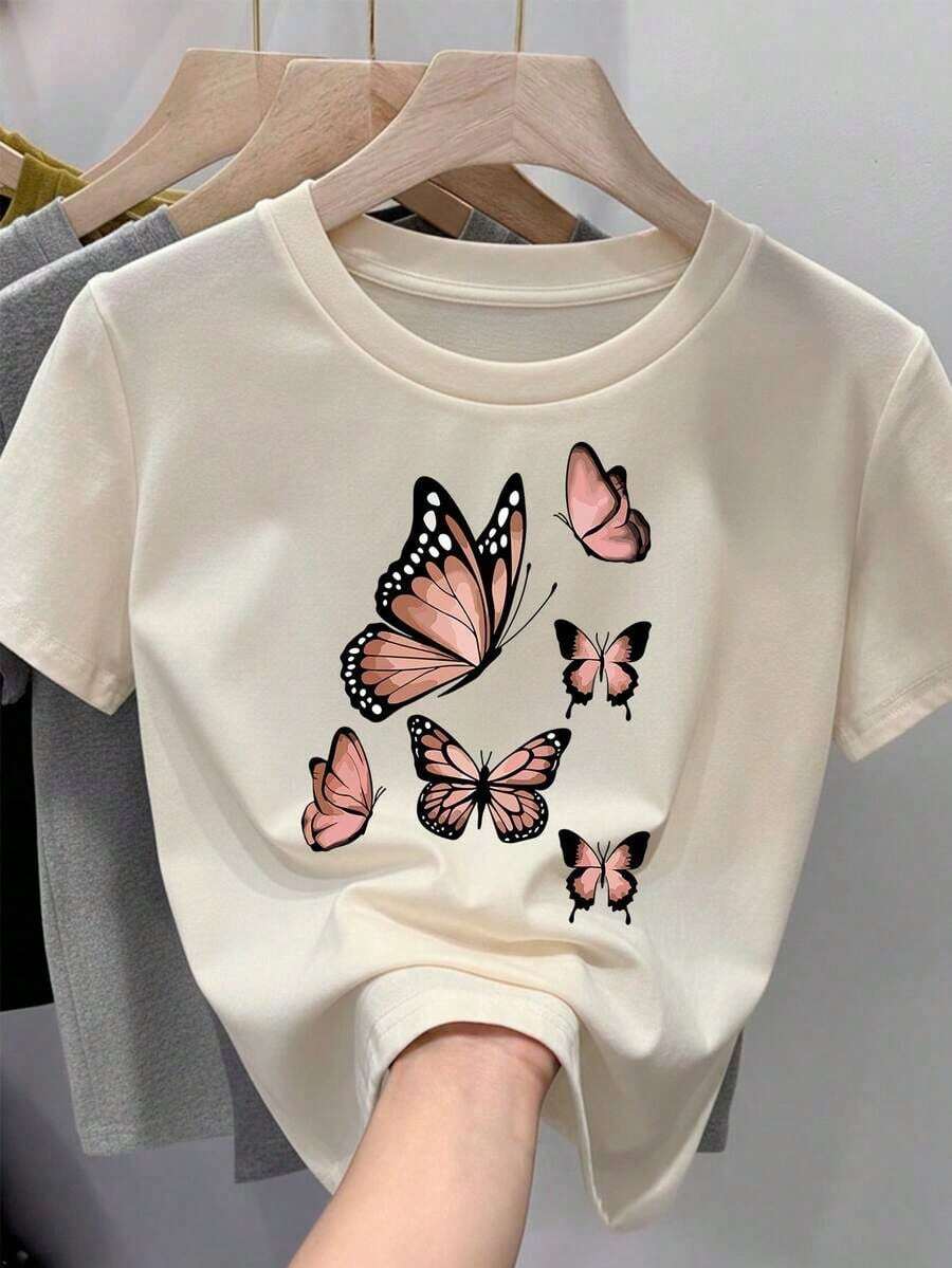 Soft Camiseta para mujer de 100% algodón, suave y cómoda de manga corta y cuello redondo con estampado de mariposas monarca pattern - Albaricoque - Ver 1