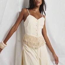 Top con cuello en V, abotonado, con estilo sastre, dobladillo con flecos y borlas, lindo, elegante para vacaciones, salidas nocturnas, primavera y verano - Negro - Ver 6